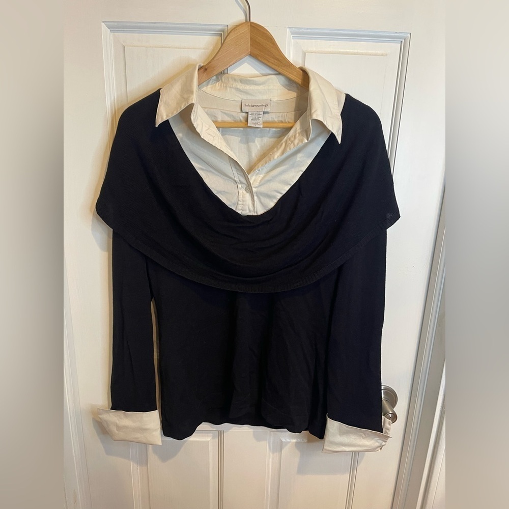 Soft Surroundings Black and Cream Cowl Neck Sweater S